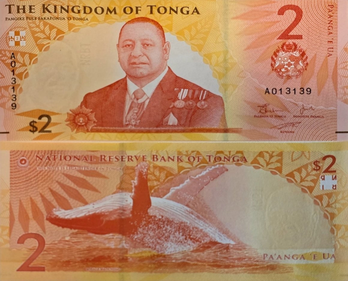 Tonga 2 Paanga Banknote, B-225a, UNCIRCULATED from 2023; features Leaping Whale