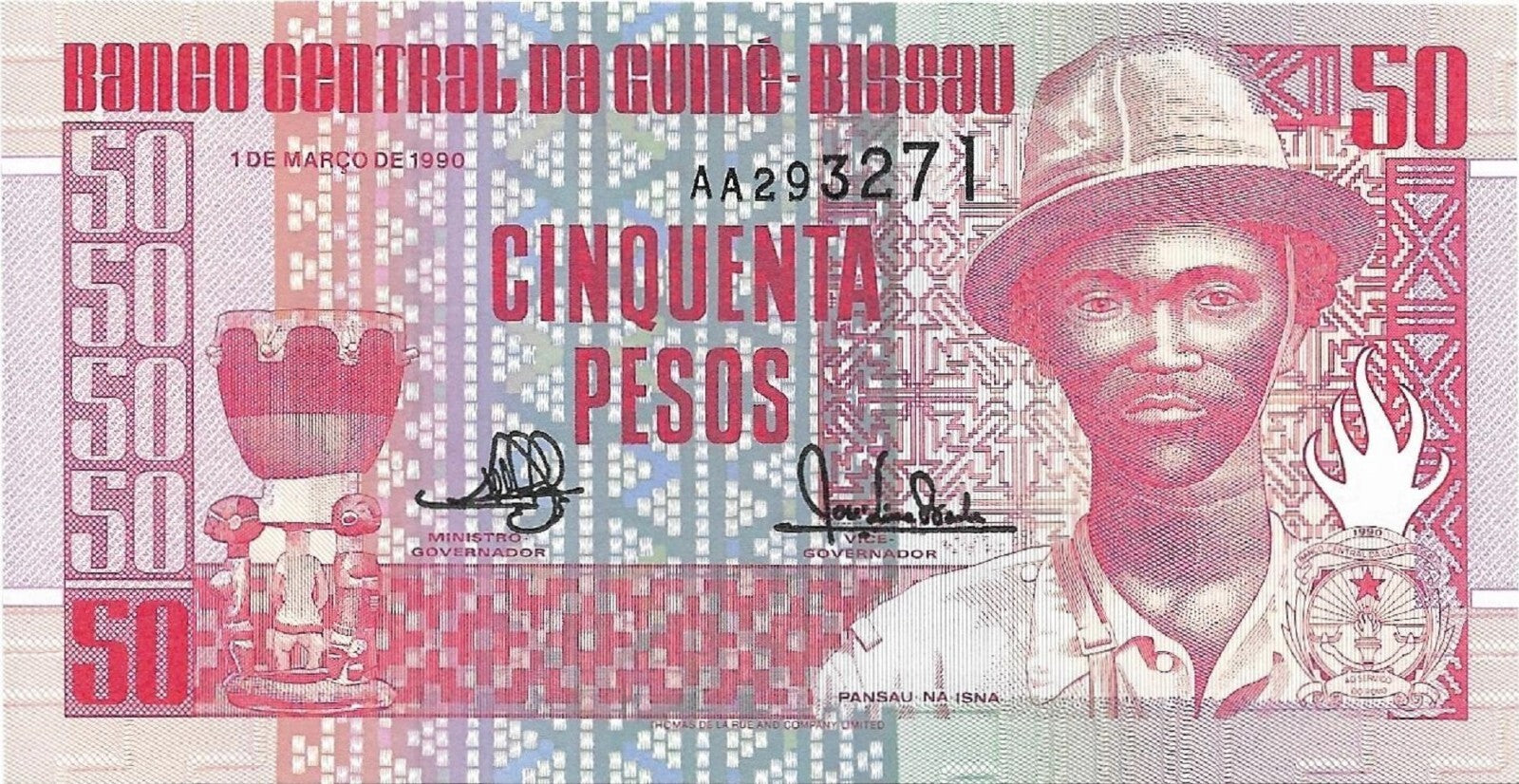 GUINEA-BISSAU 50 Pesos; P10; Uncirculated, 1990 featuring Native Dancing