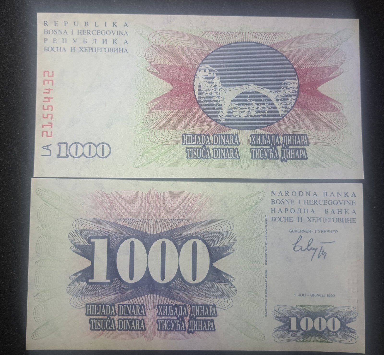 BOSNIA 1000 Dinara; P-15; UNC from 1992; Mostar Bridge