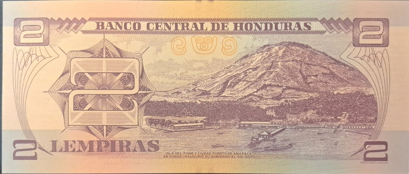 HONDURAS 2 Lempiras P - 97b ~ UNC from 2014, features a Mountain