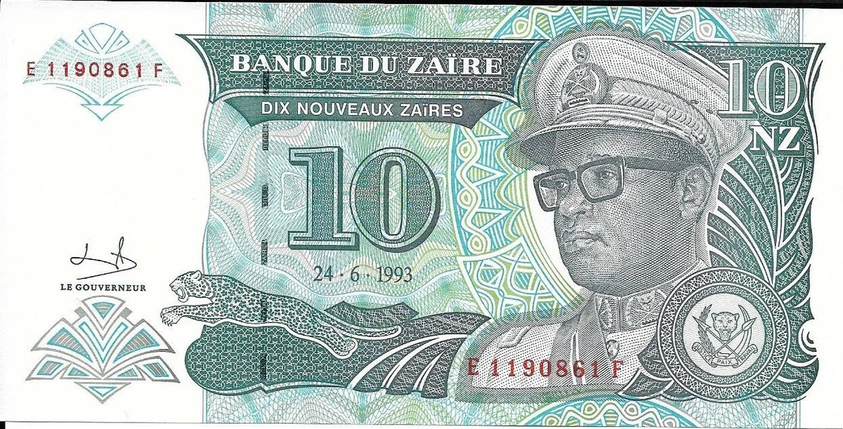 ZAIRE 10 Nouveau Zaire, P - 55, UNC;1993; Leaping LEOPARD