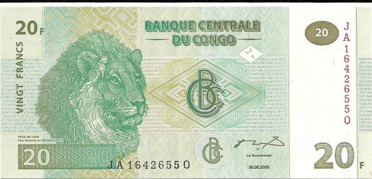 Congo 20 Francs; P-94; 2003; Unc; features a Lions Head and Lion Pride on back