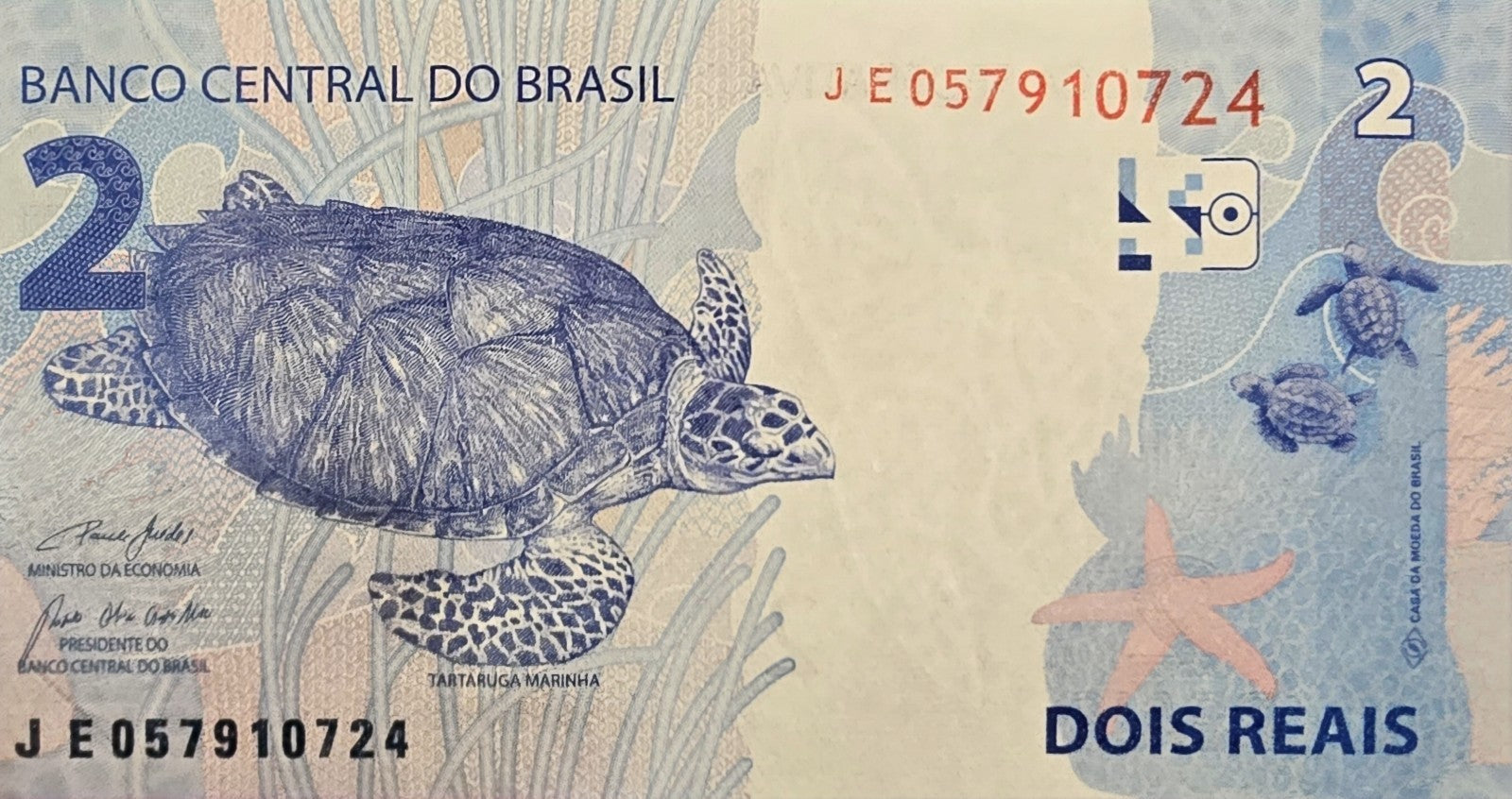 Brazil 2 Reais, B-874h, UNCIRCULATED, 2020, features a Turtle and as a watermark