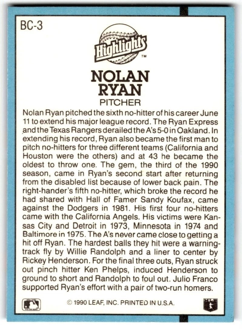 1991 Donruss - Bonus Cards BC-3 Nolan Ryan NM Texas Rangers