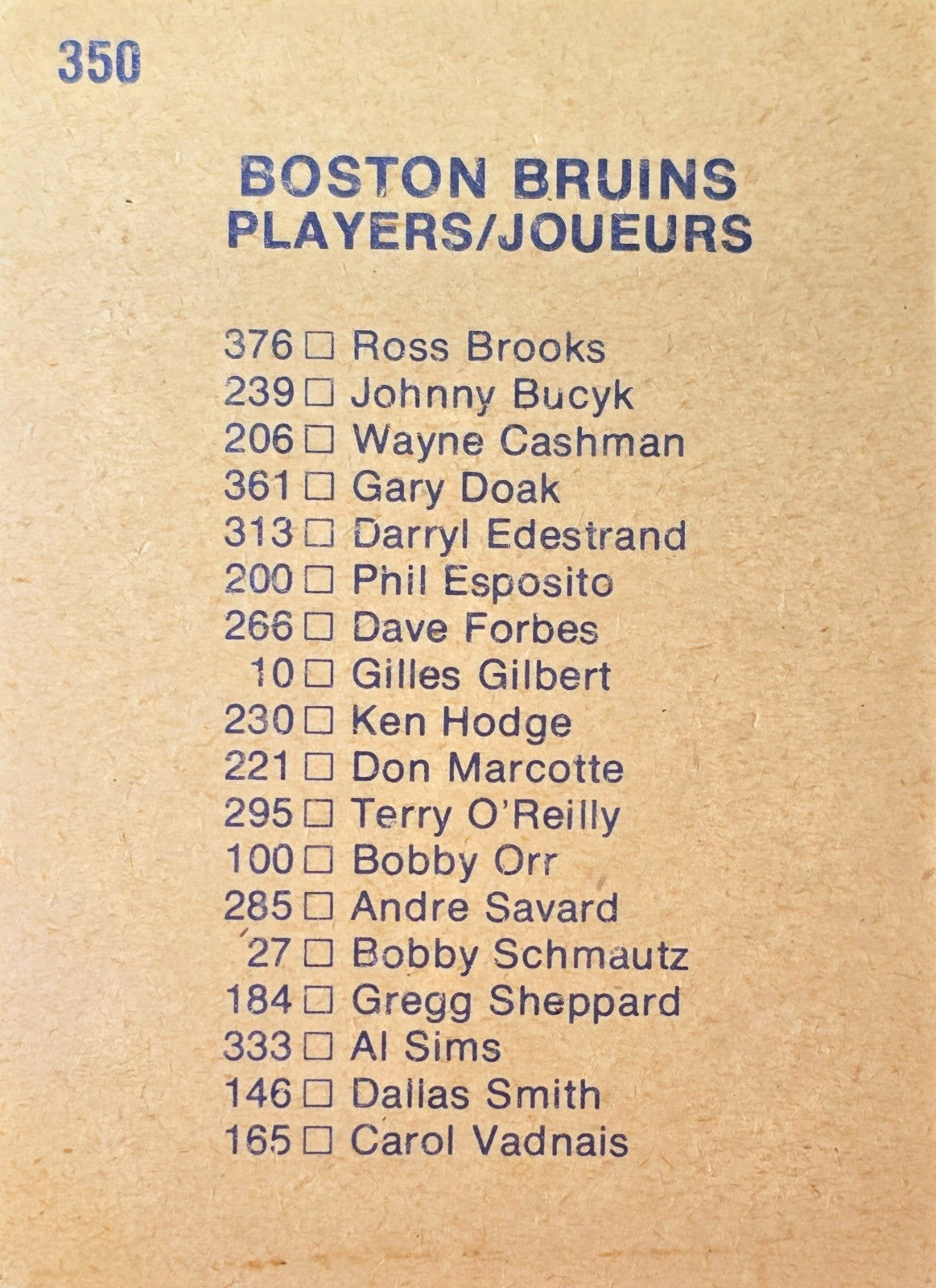 1974-75 O-Pee-Chee Boston Bruins Checklist #350 (Unmarked) EX+  Boston Bruins