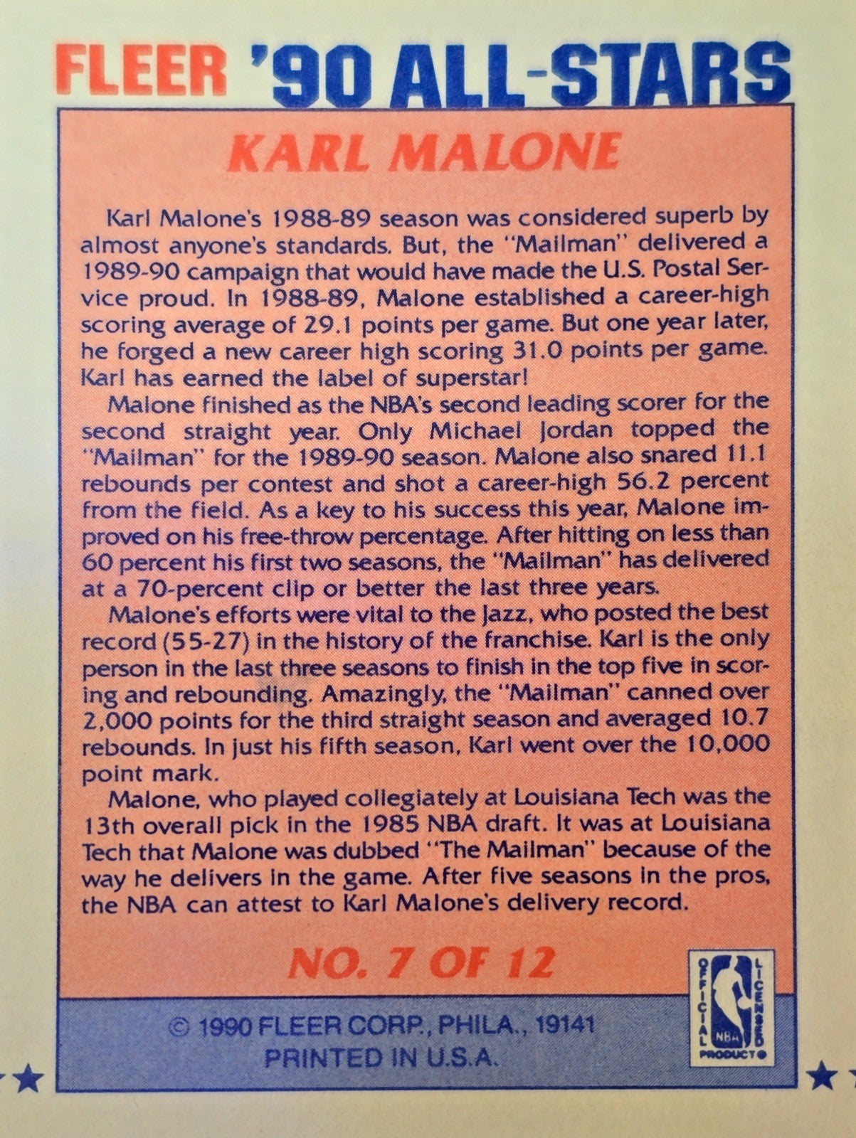 1990-91 Fleer - All-Stars #7 Karl Malone NM - Utah Jazz