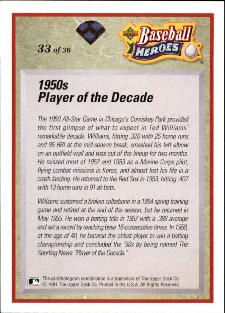 1992 Upper Deck - Baseball Heroes: Ted Williams #33 NM Boston Red Sox