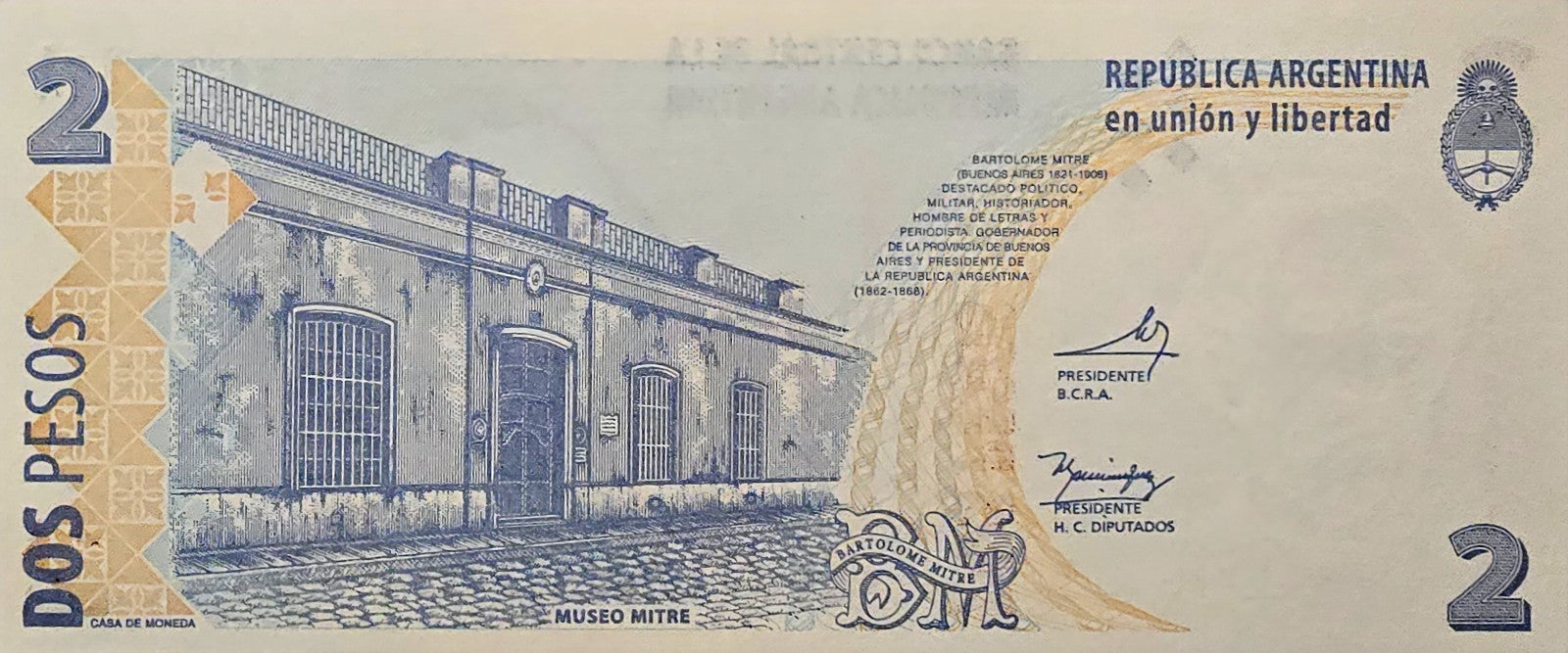 Argentina 2 Pesos, P-352, Series M, Signature variety, 2002, UNCIRCULATED