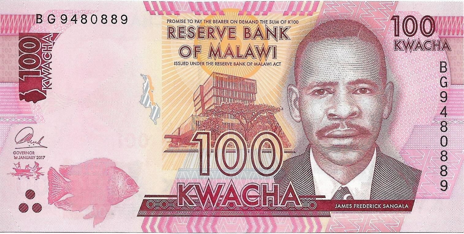 MALAWI 100 Kwacha, P - 65c, UNC; 2017, features James Sangala, FISH