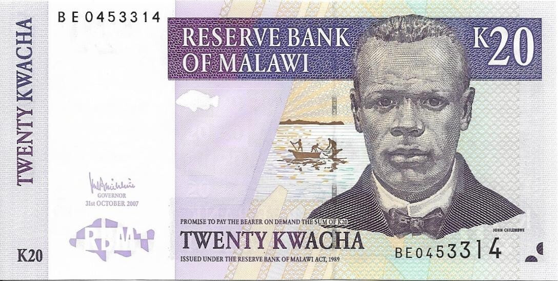 MALAWI 20 Kwacha, P52c, UNCIRCULATED, 2007, FISH and Tea Plantation