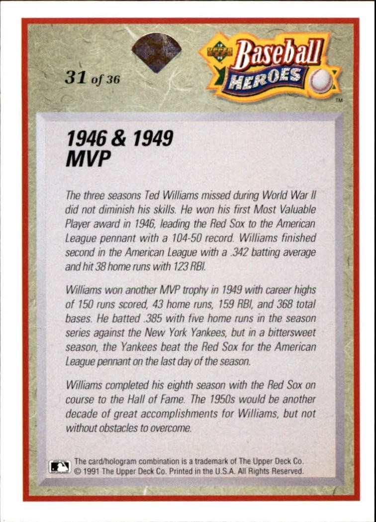 1992 Upper Deck - Baseball Heroes: Ted Williams #31 NM Boston Red Sox