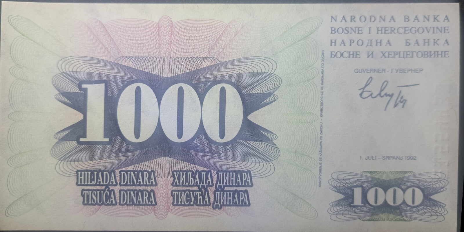 BOSNIA 1000 Dinara; P-15; UNC from 1992; Mostar Bridge