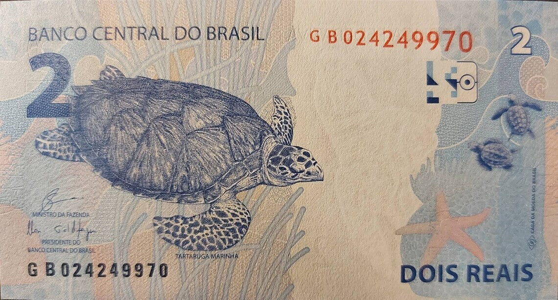 Brazil 2 Reais; B-874f; UNC; 2021 ~ Turtles on note and as watermark
