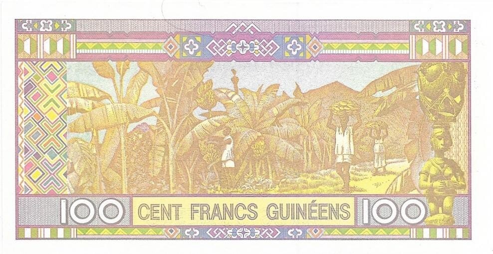 GUINEA 100 Francs; P-A47; 2015; features Banana Harvesting and Young Woman