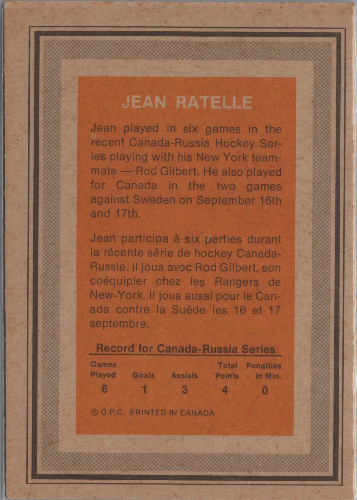 1972-73 O-Pee-Chee Jean Ratelle (EX+) Canada