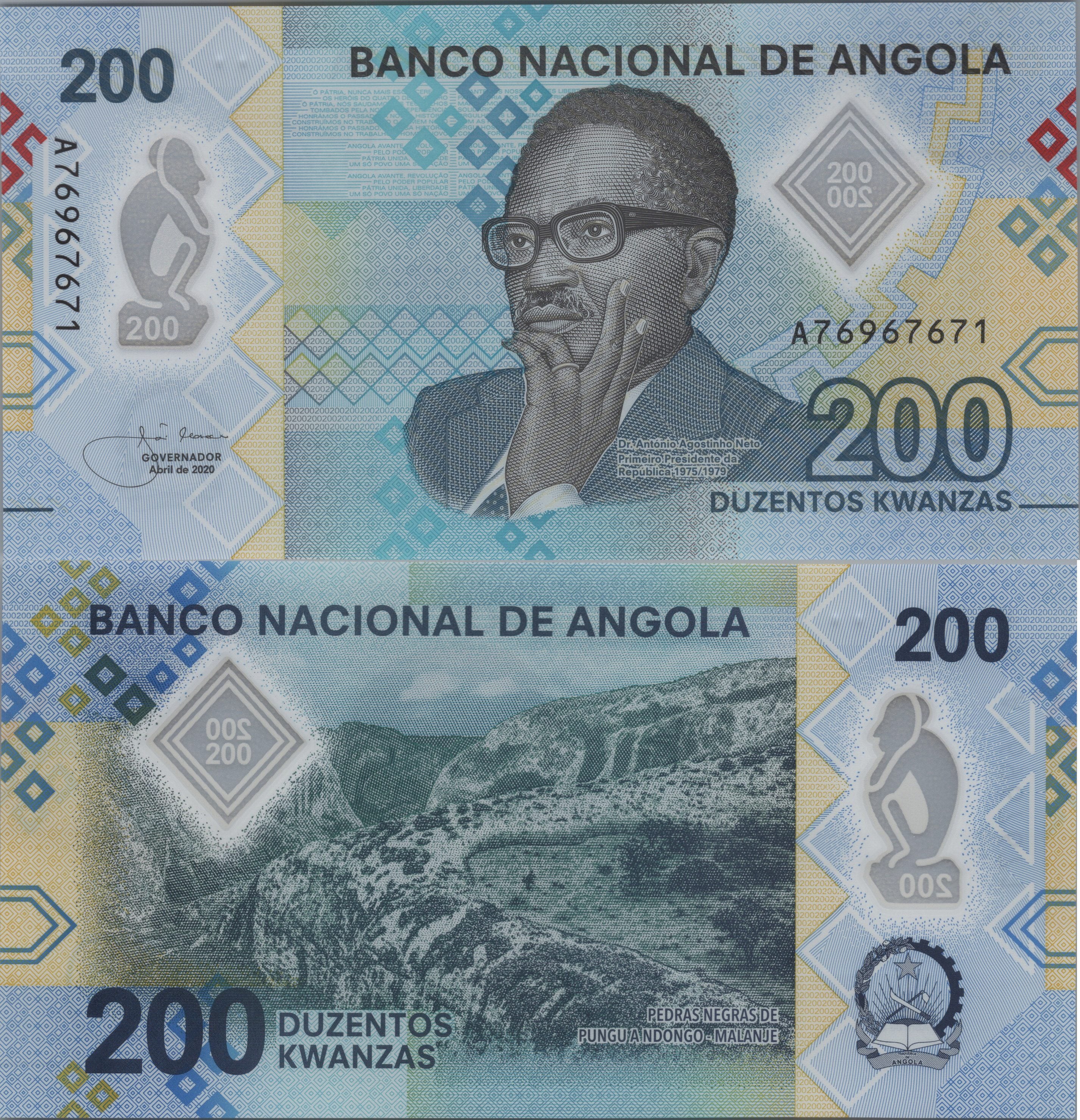 Angola 200 Kwanzas; 2020, B-557a; Prefix A; UNCIRCULATED; POLYMER Note