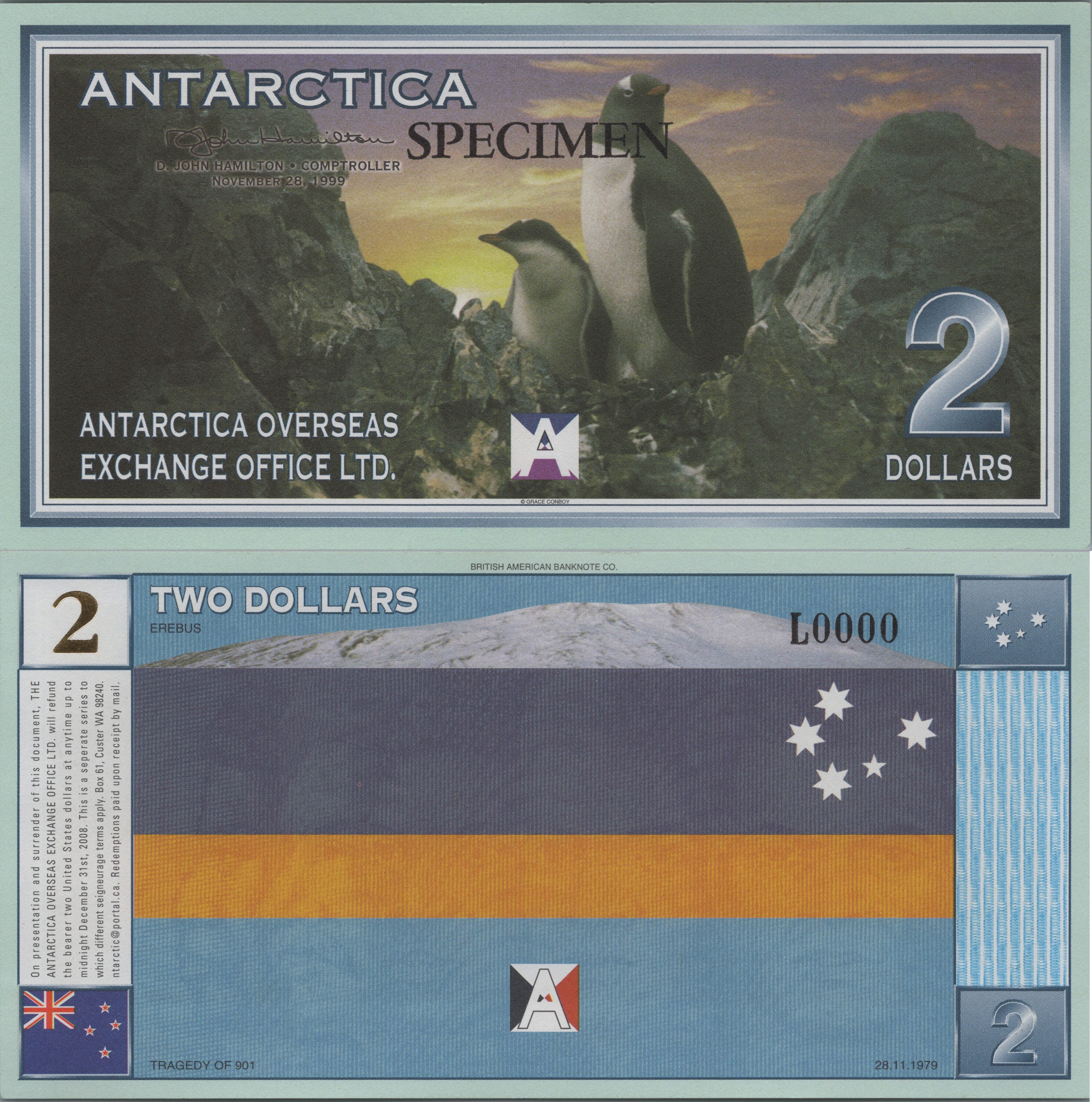 ANTARCTICA $2 SPECIMEN, 1999 Issue, Series L, feature Plane Tragedy and PENGUINS