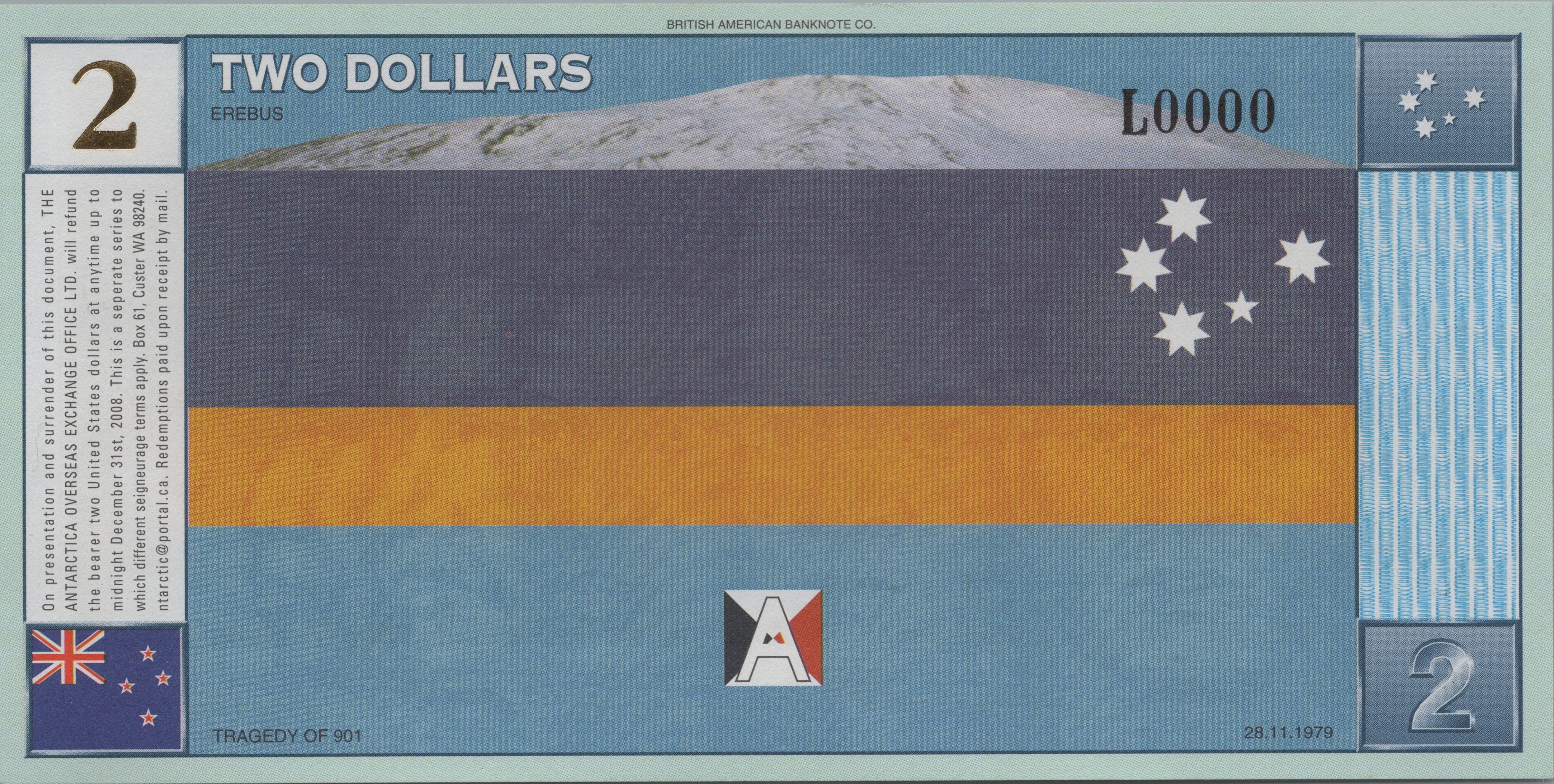 ANTARCTICA $2 SPECIMEN, 1999 Issue, Series L, feature Plane Tragedy and PENGUINS