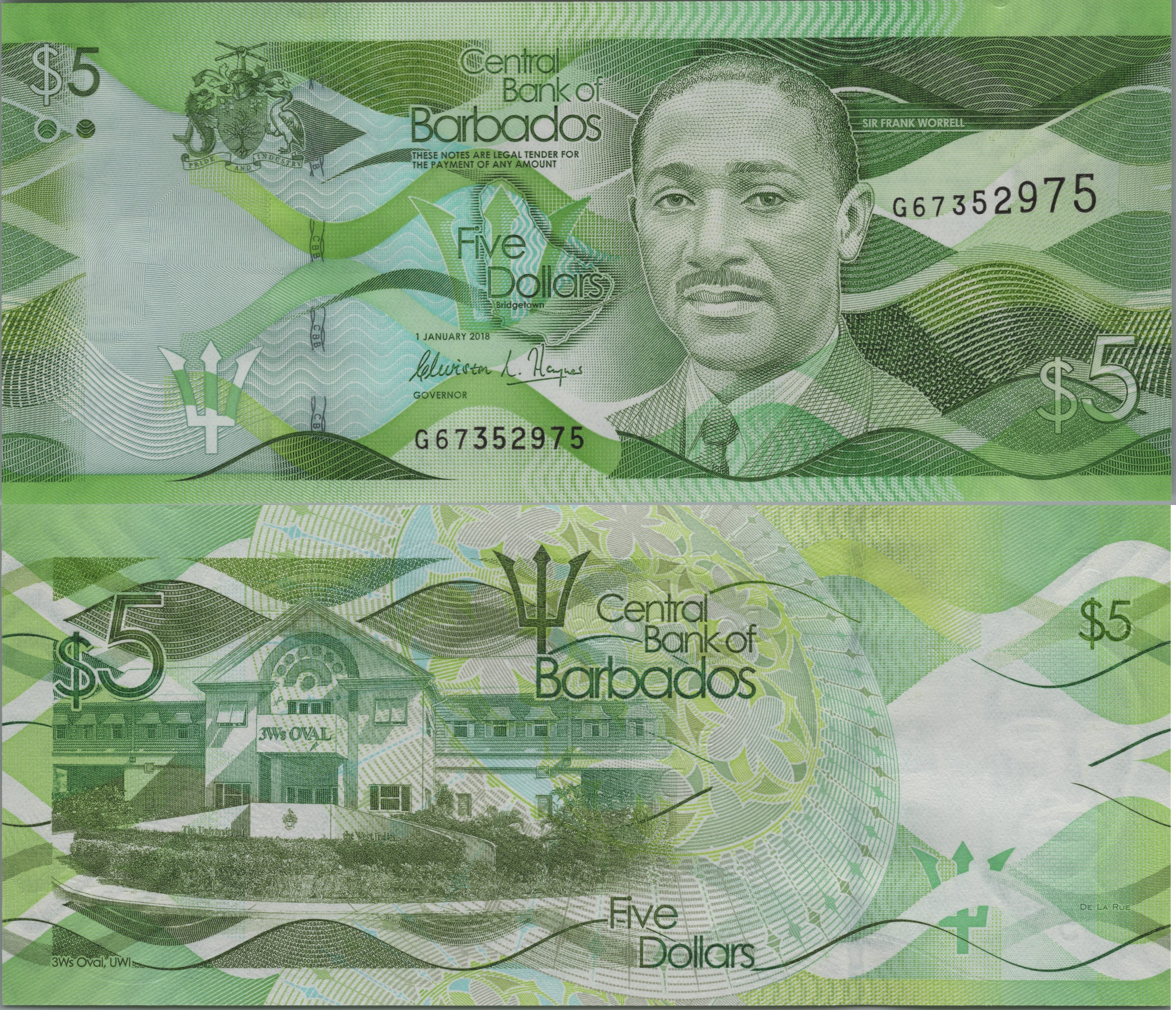 BARBADOS 5 Dollars, P74c, UNCIRCULATED, 2018; features Sir Frank Worrell and 3Ws Oval