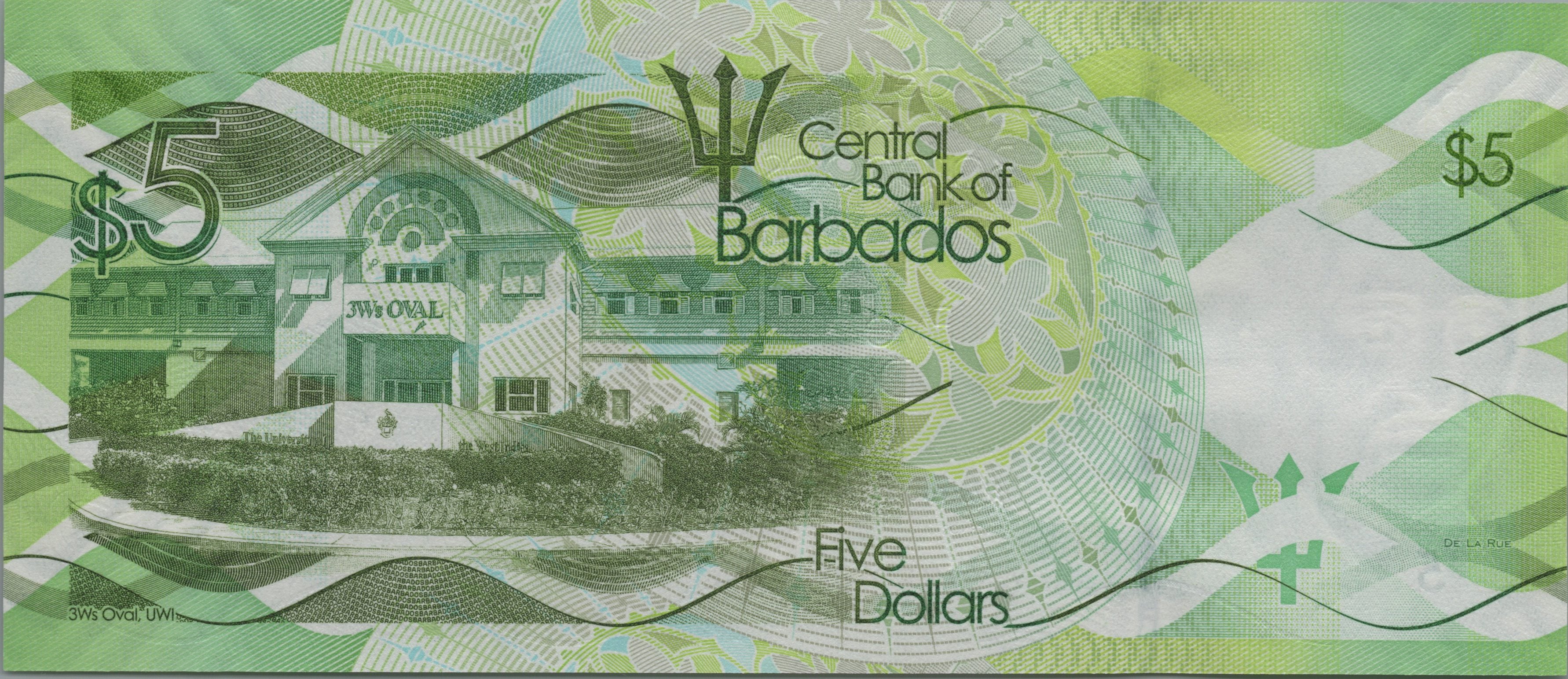 BARBADOS 5 Dollars, P74c, UNCIRCULATED, 2018; features Sir Frank Worrell and 3Ws Oval