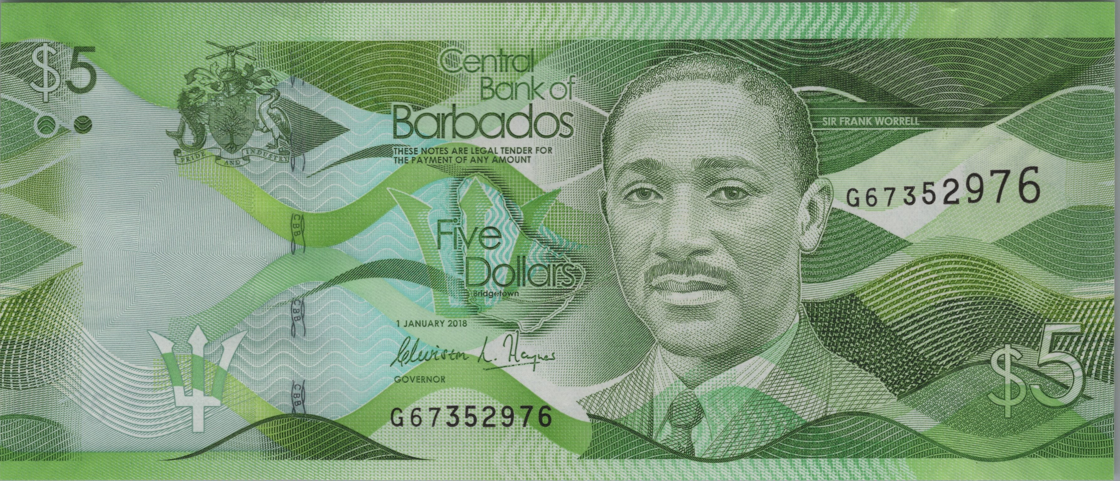 BARBADOS 5 Dollars, P74c, UNCIRCULATED, 2018; features Sir Frank Worrell and 3Ws Oval
