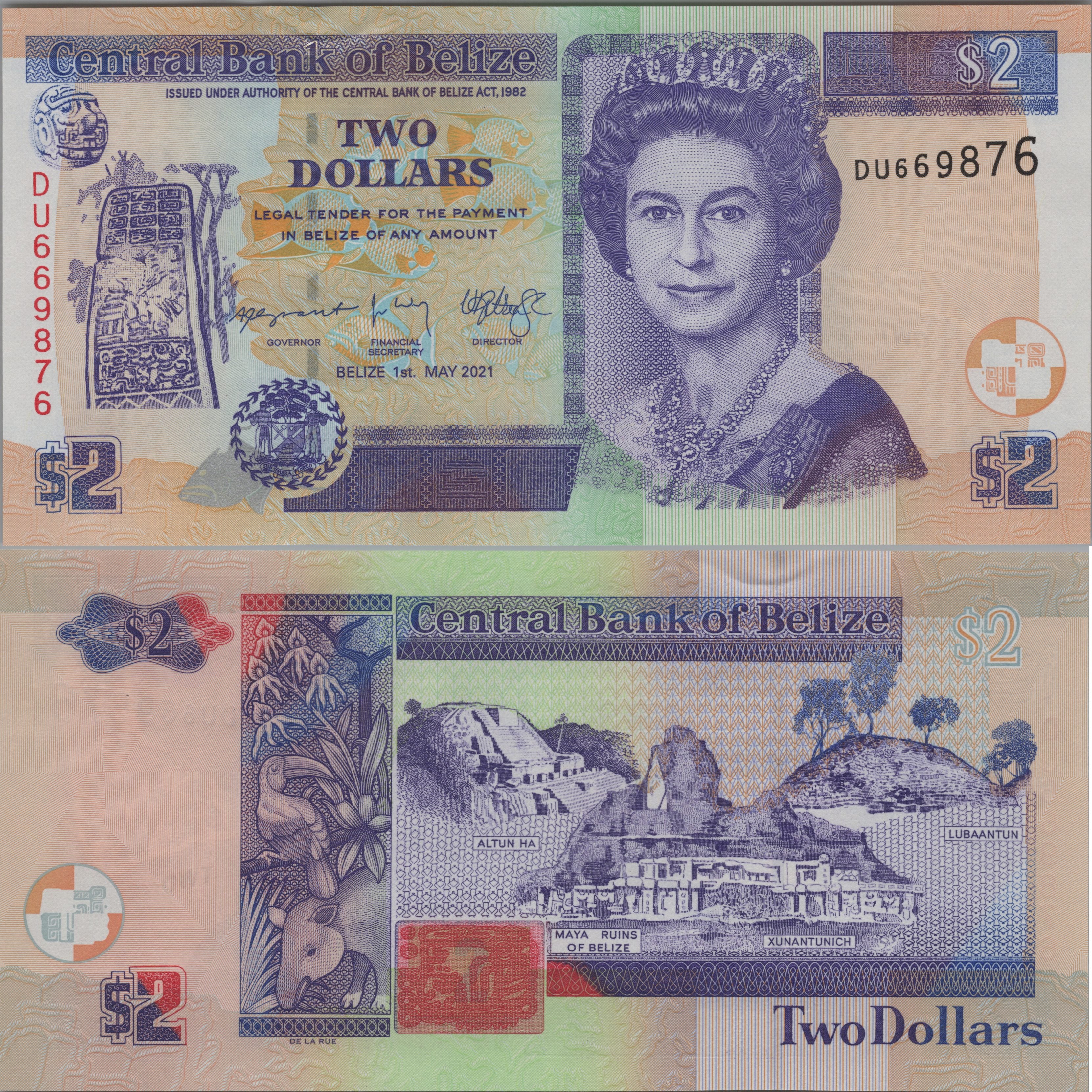 BELIZE 2 Dollars, B324g, UNCIRCULATED, 2021; features Keel-Billed Toucan
