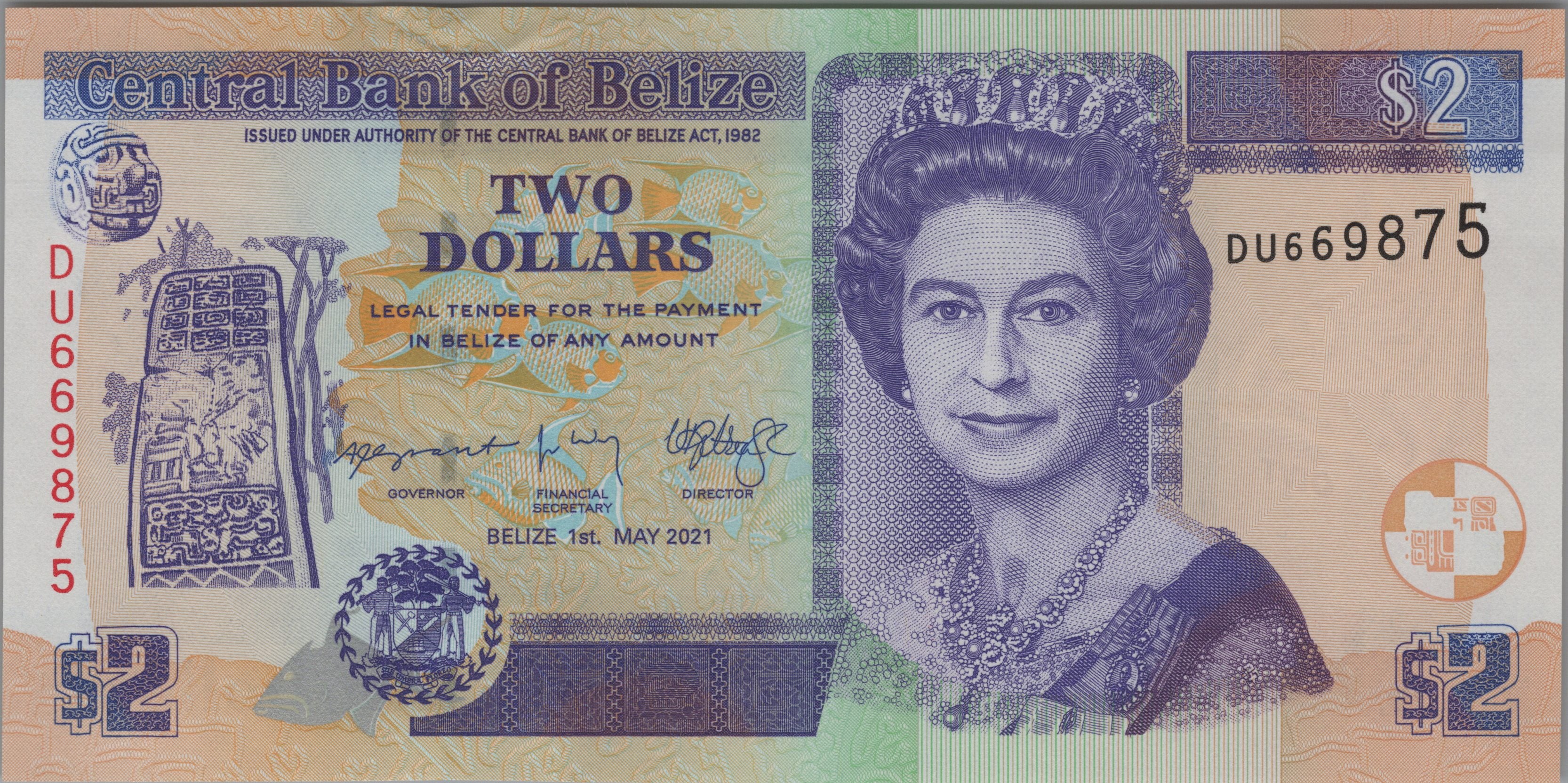 BELIZE 2 Dollars, B324g, UNCIRCULATED, 2021; features Keel-Billed Toucan