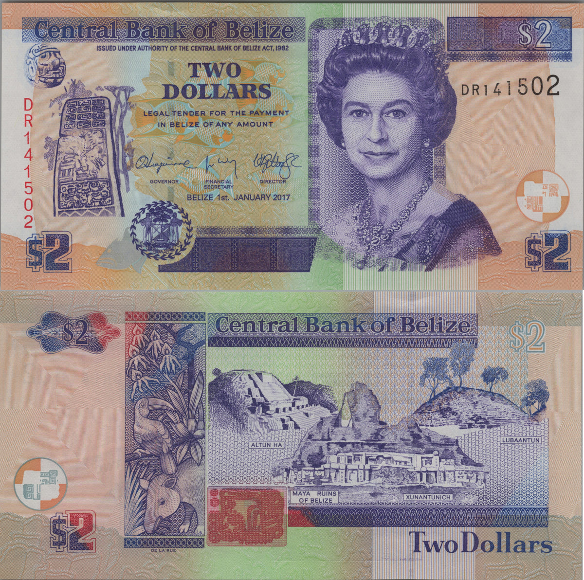 Belize 2 Dollars, P66f; UNCIRCULATED, 2017; Queen Elizabeth II; UV features
