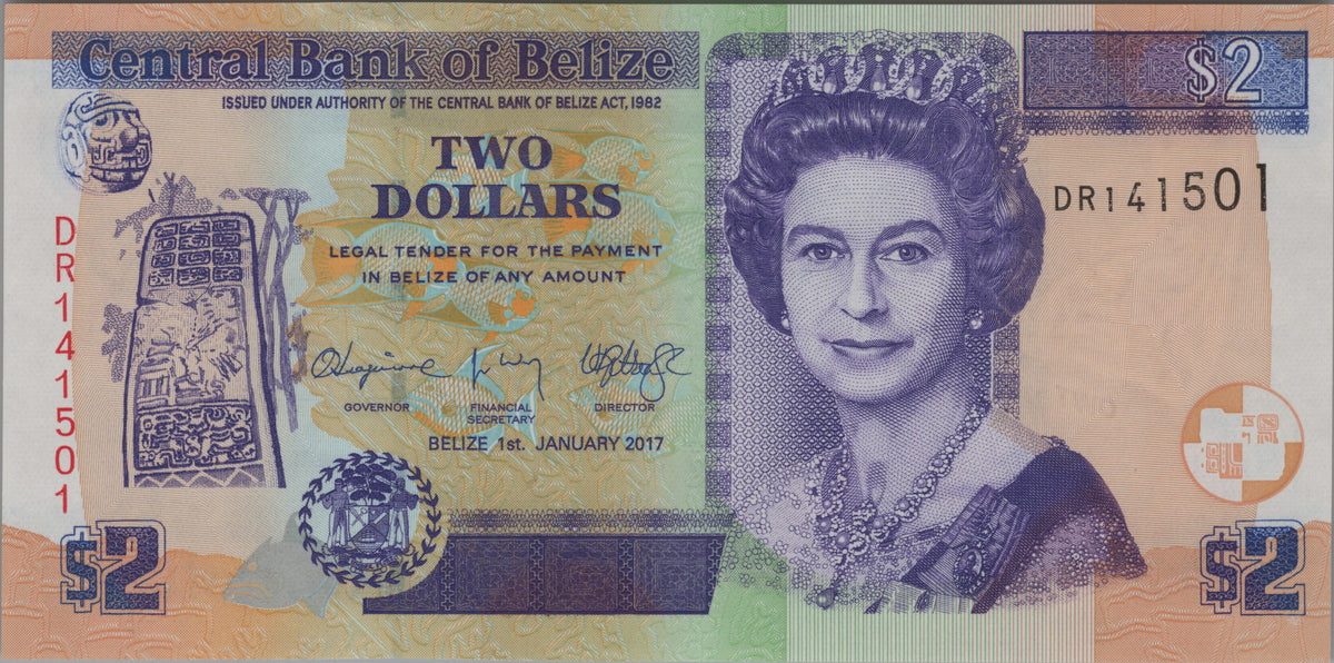 Belize 2 Dollars, P66f; UNCIRCULATED, 2017; Queen Elizabeth II; UV features
