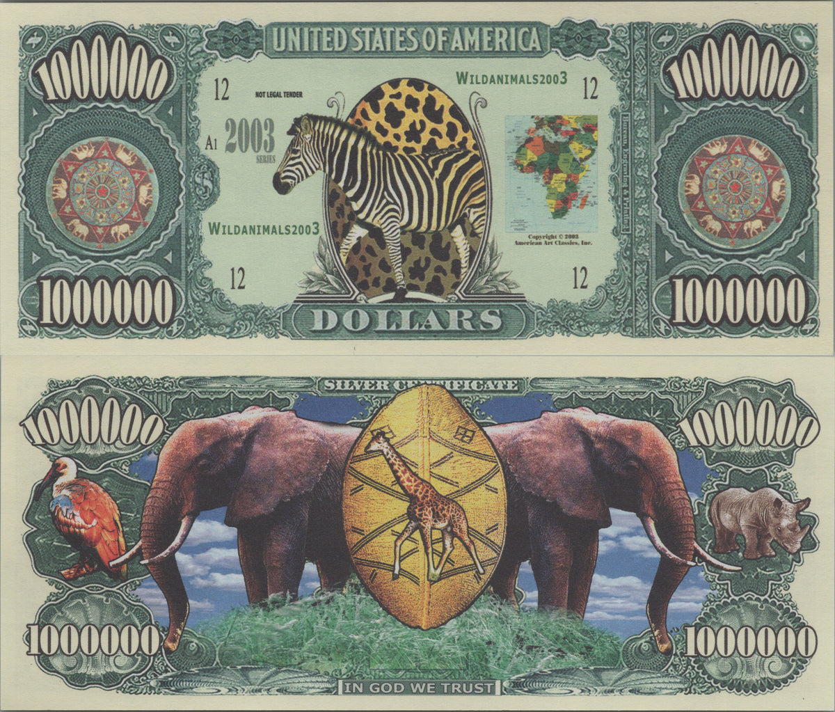 Safari Animals, Fantasy Million Note; features Zebra, Elephants and Rhino
