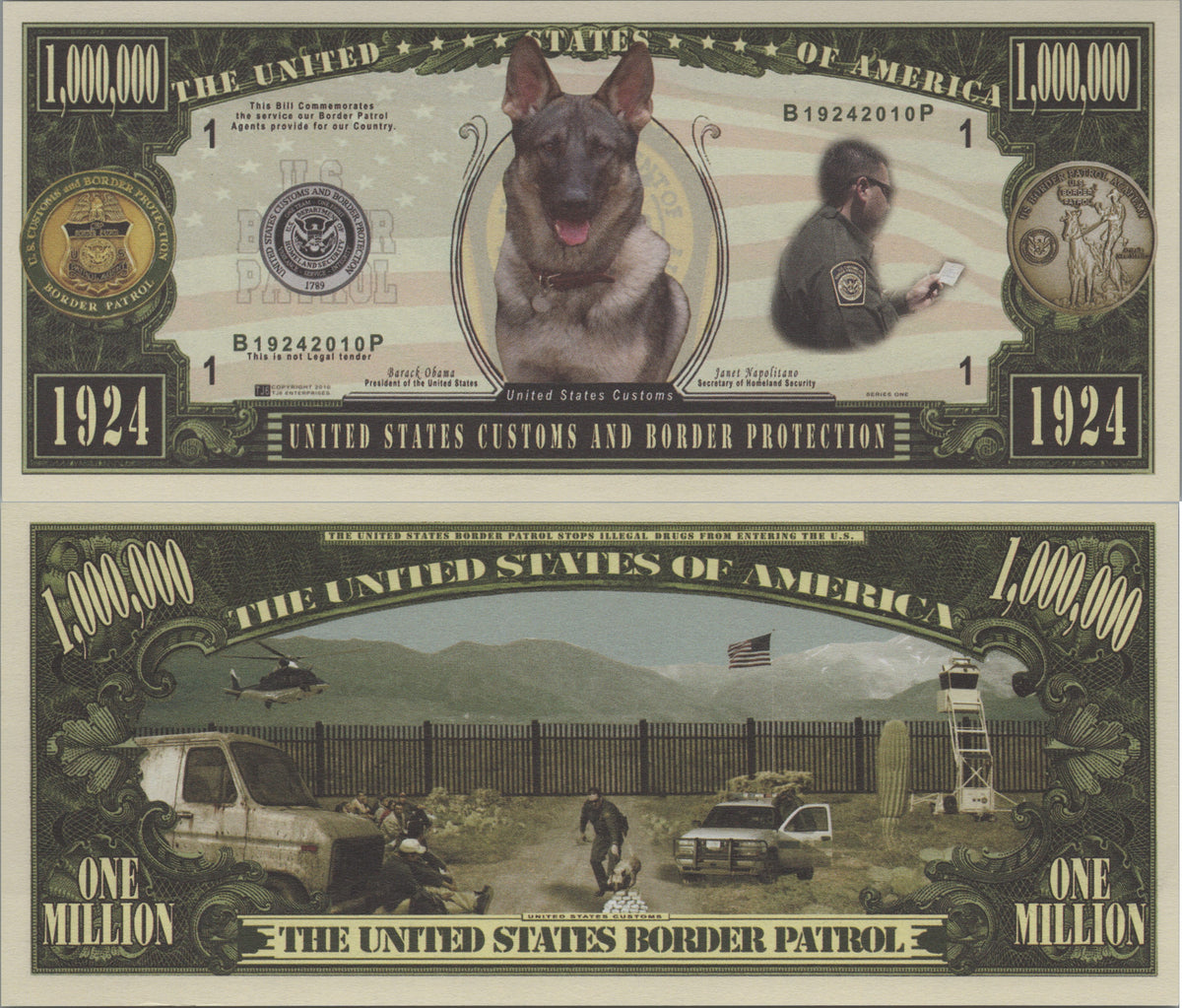 United States Border Patrol, Fantasy Million Note; features German Shepherd