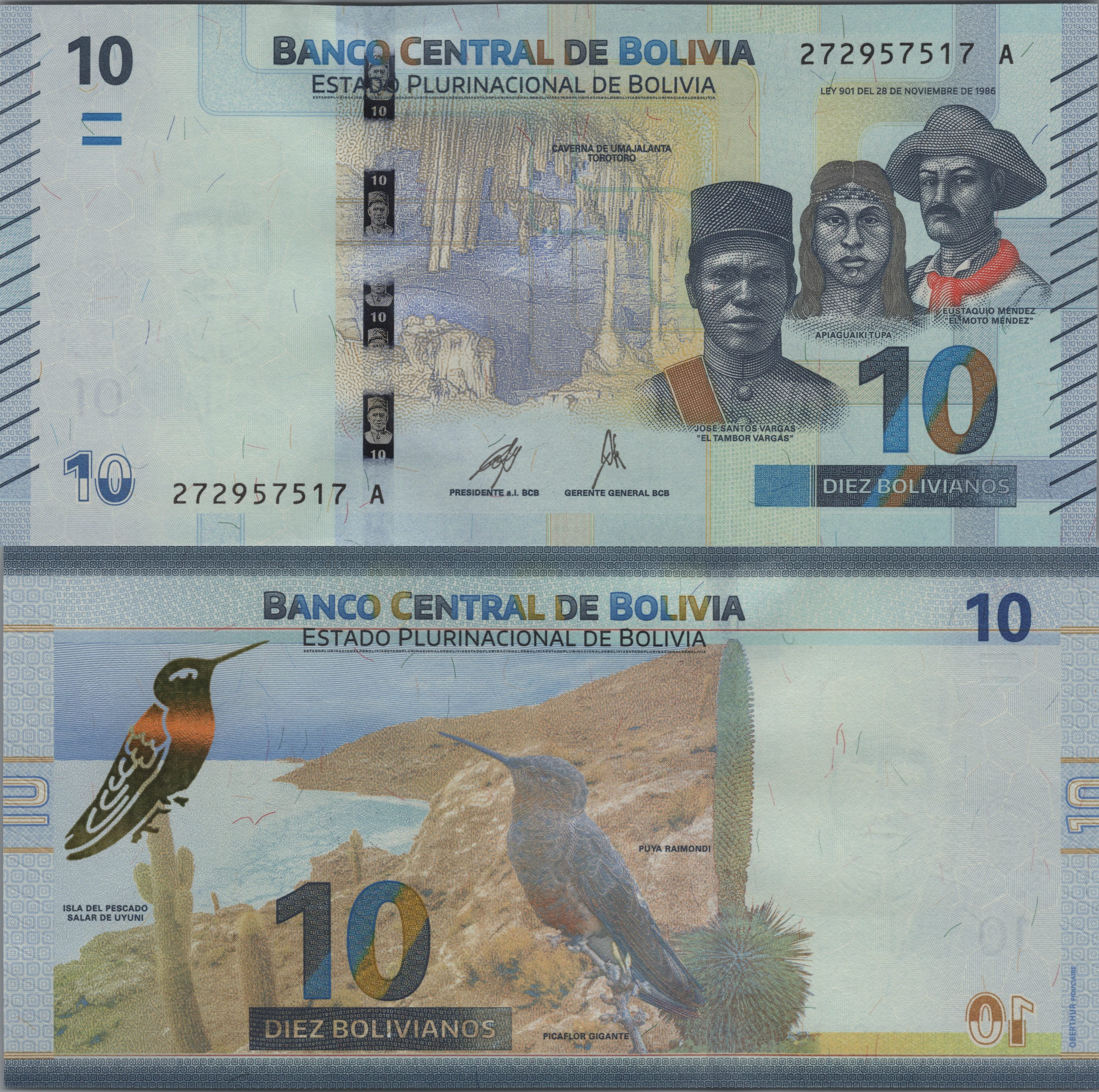 BOLIVIA 10 Bolivianos, P248b, UNCIRCULATED, 2024; features a Hummingbird