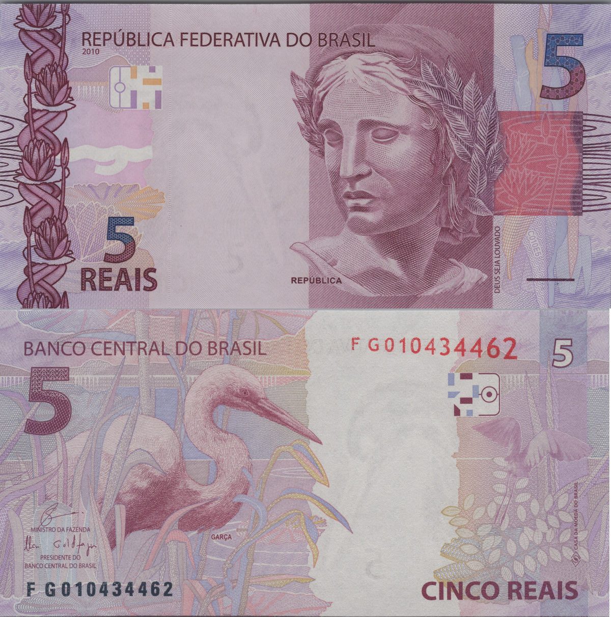 Brazil 5 Reais, B875e, Uncirculated, 2018; features a Garça (Great Egret)