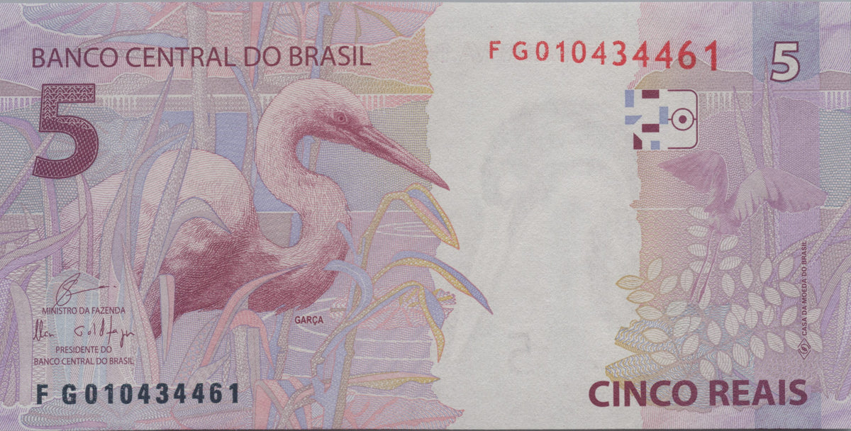 Brazil 5 Reais, B875e, Uncirculated, 2018; features a Garça (Great Egret)