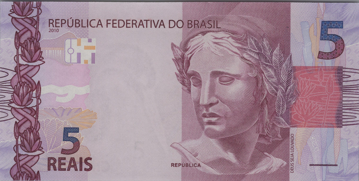 Brazil 5 Reais, B875e, Uncirculated, 2018; features a Garça (Great Egret)