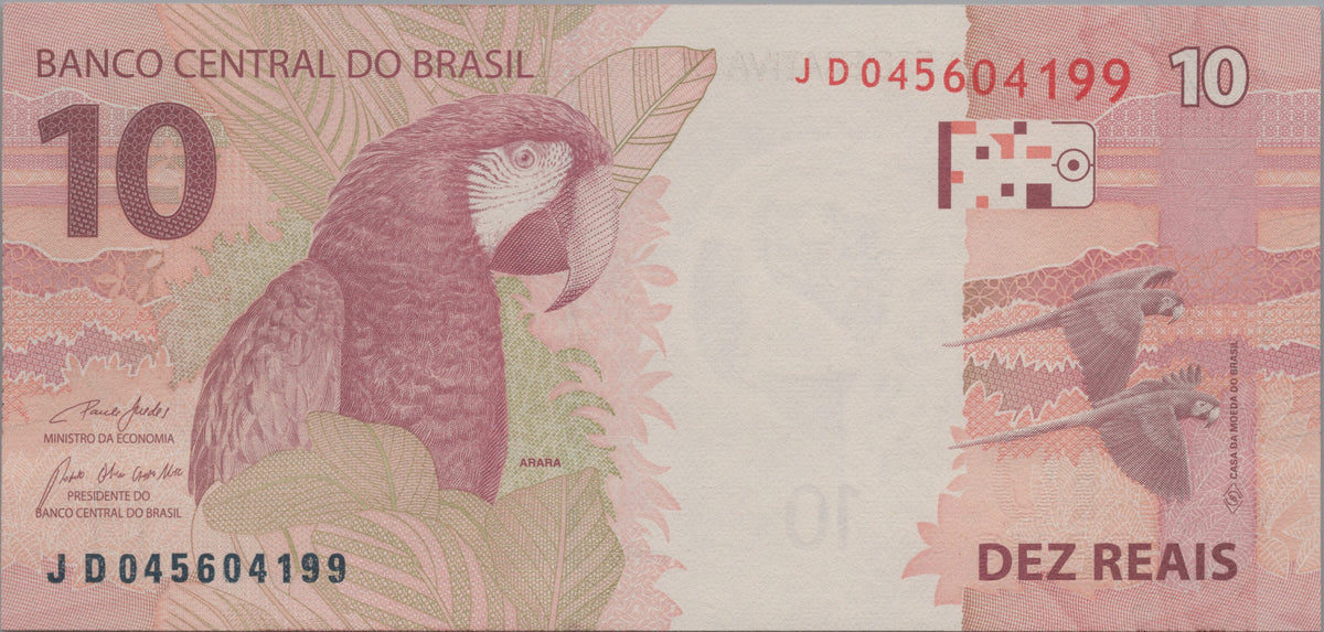 Brazil 10 Reais, B876e, Uncirculated, 2021; features an Arara (Greenwing Macaw)