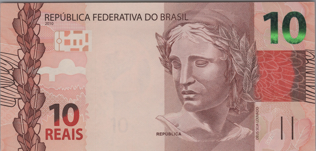 Brazil 10 Reais, B876e, Uncirculated, 2021; features an Arara (Greenwing Macaw)