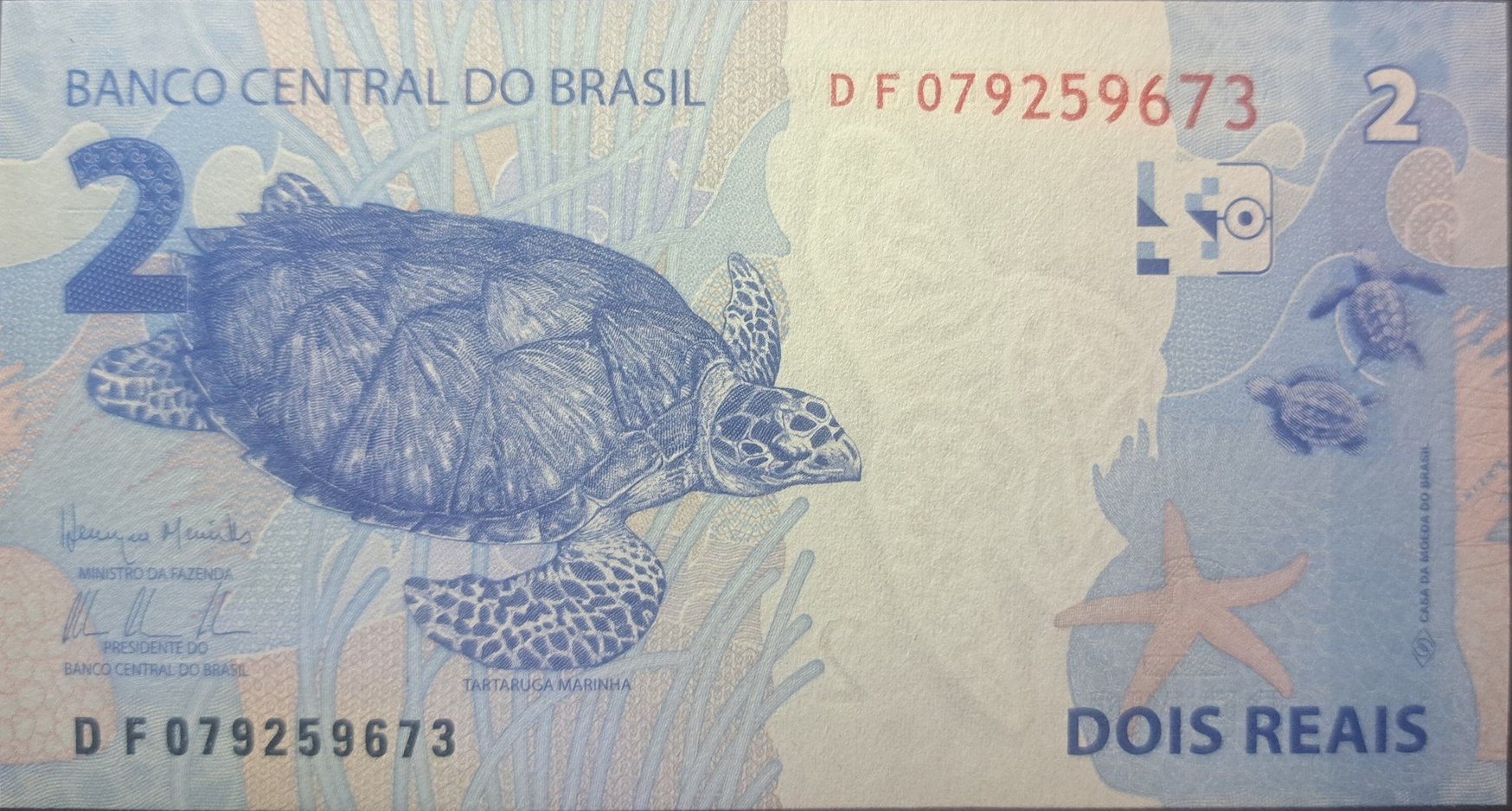 Brazil 2 Reais, B-874e, UNCIRCULATED, 2010, features a Turtle and as a watermark