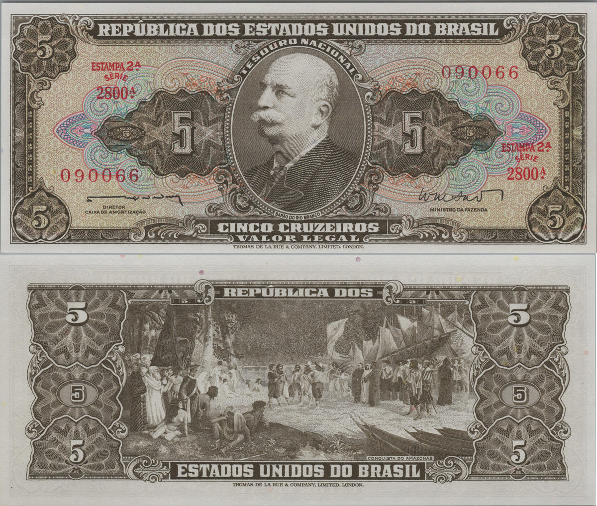Brazil 5 Cruzeiros, P176a, UNCIRCULATED, 1964; features the Amazon Conquest