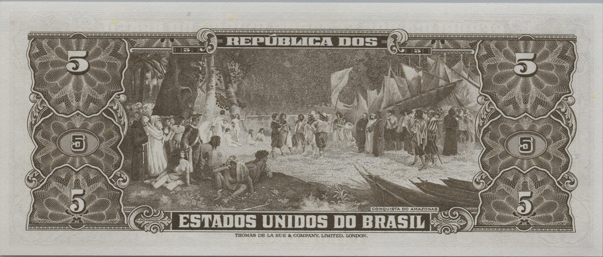Brazil 5 Cruzeiros, P176a, UNCIRCULATED, 1964; features the Amazon Conquest