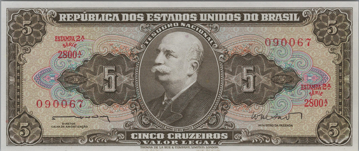 Brazil 5 Cruzeiros, P176a, UNCIRCULATED, 1964; features the Amazon Conquest