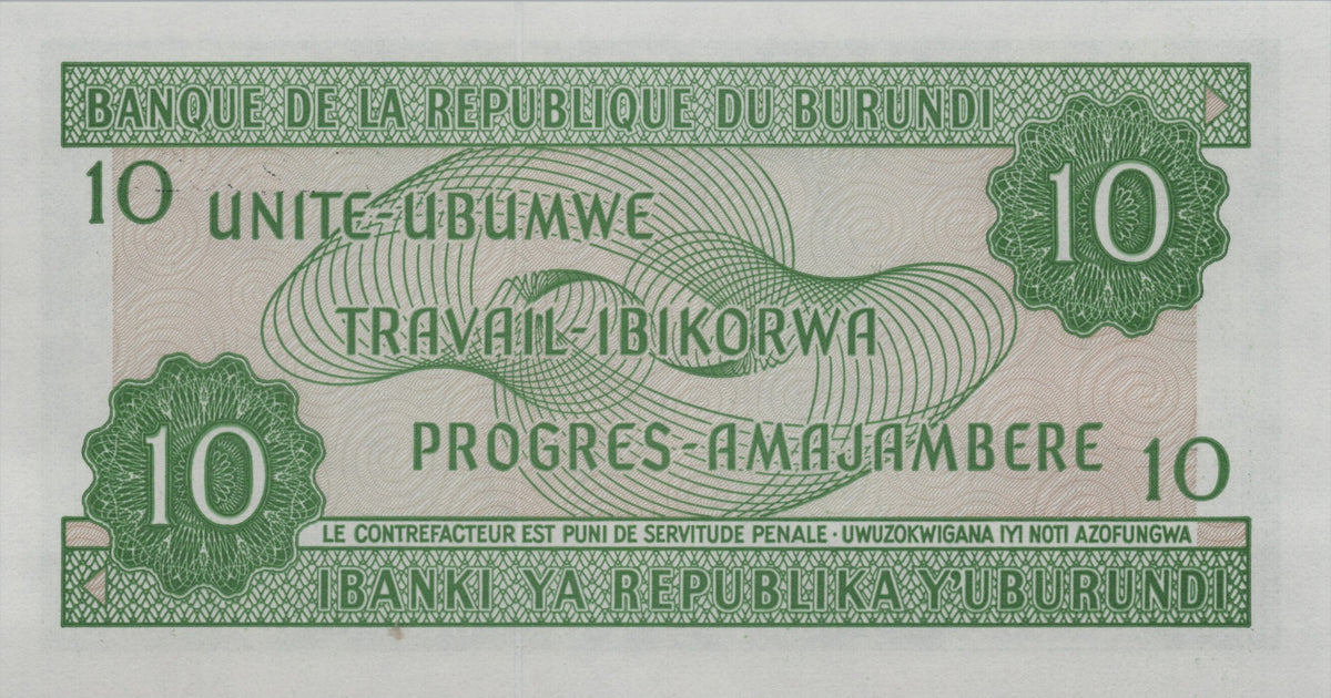 Burundi 10 Francs, P33e, Uncirculated, 2005; features the Map and Coat of Arms of Burundi