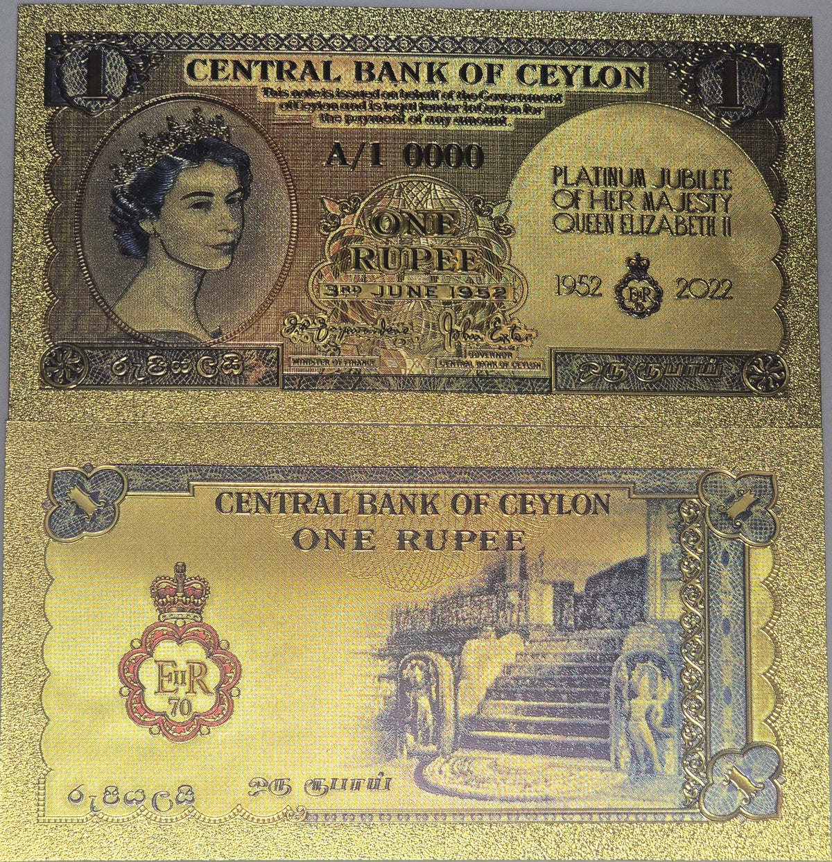 Queen Elizabeth II Commemorative Stamped 1952 CEYLON 1 Rupee .9999 GOLD Foil; Specimen Design