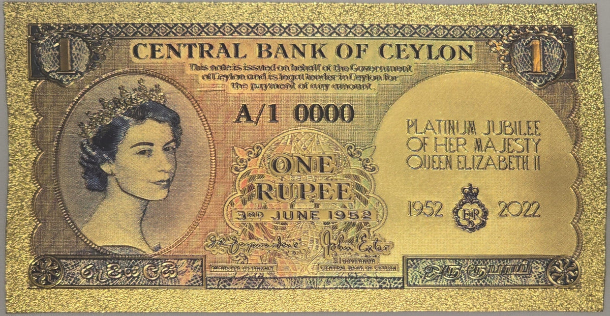 Queen Elizabeth II Commemorative Stamped 1952 CEYLON 1 Rupee .9999 GOLD Foil; Specimen Design