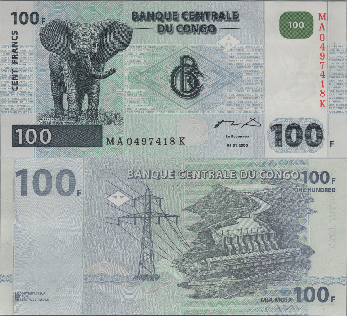 Congo 100 Francs, P92a, Uncirculated, 2000; features an Elephant