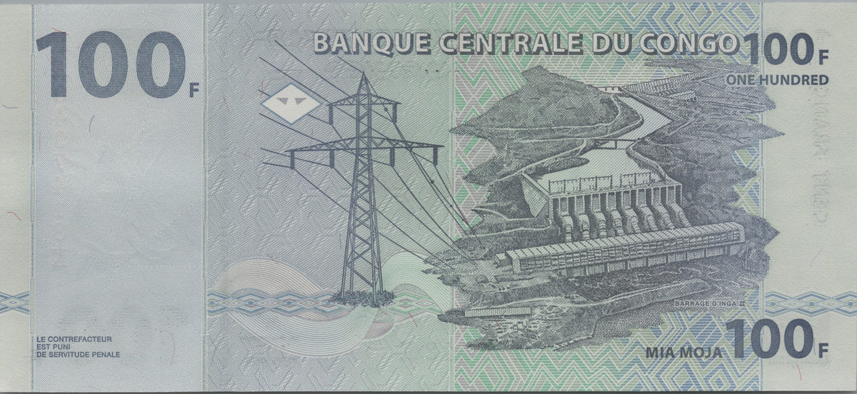 Congo 100 Francs, P92a, Uncirculated, 2000; features an Elephant