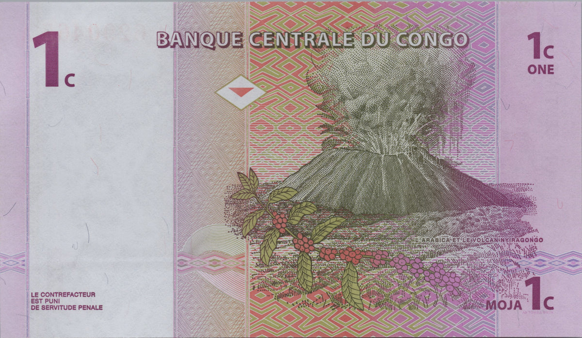 Congo 1 Centime Banknote; P80, UNCIRCULATED, 1997; features the Nyirogongo Volcano; Series A