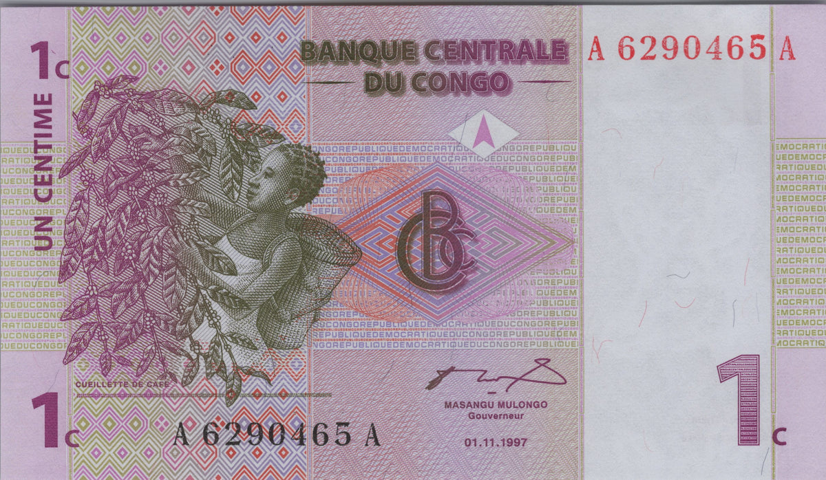 Congo 1 Centime Banknote; P80, UNCIRCULATED, 1997; features the Nyirogongo Volcano; Series A