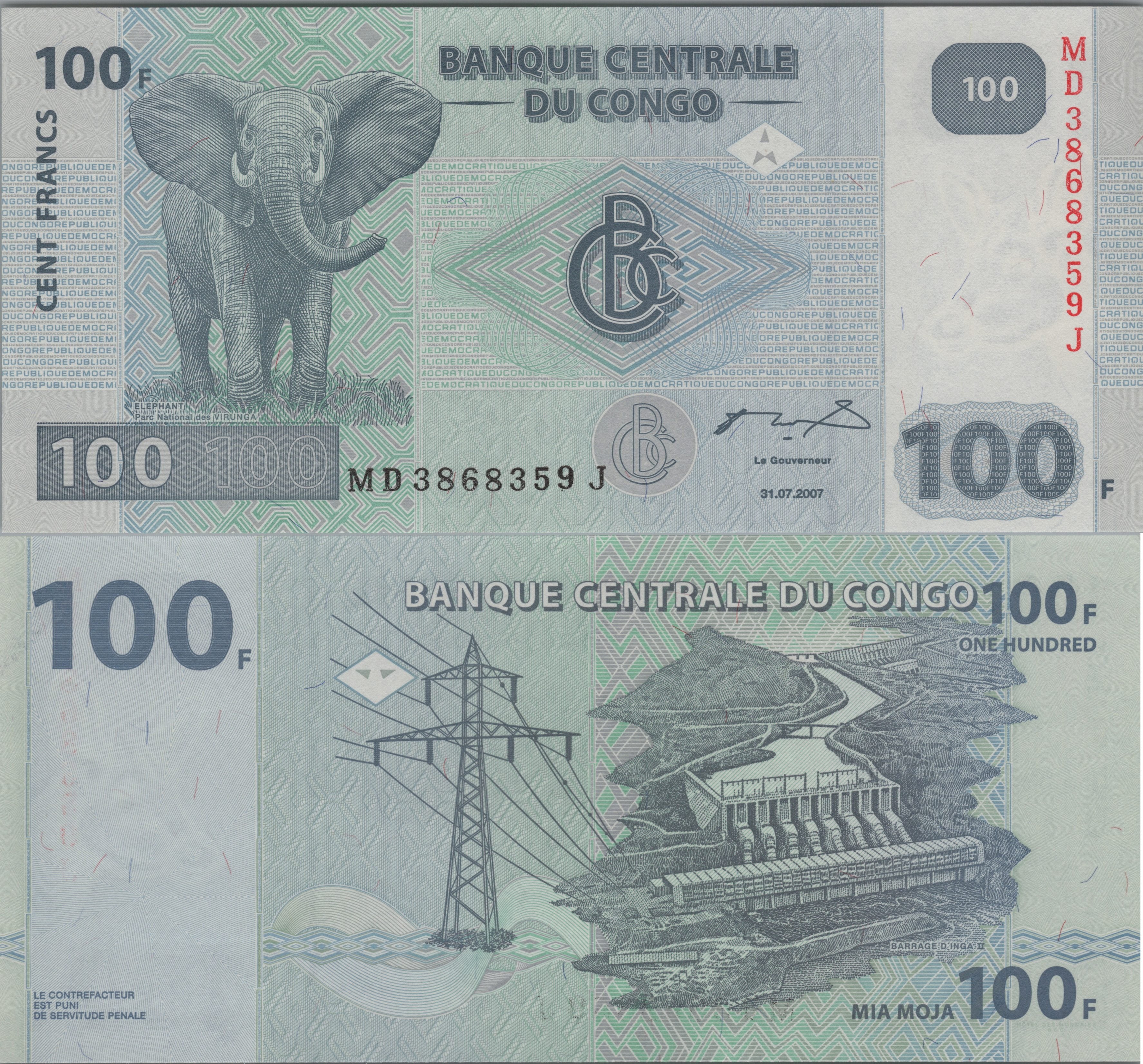 Congo 100 Francs Banknote; P- 98a; UNCIRCULATED; 2007; features an ELEPHANT