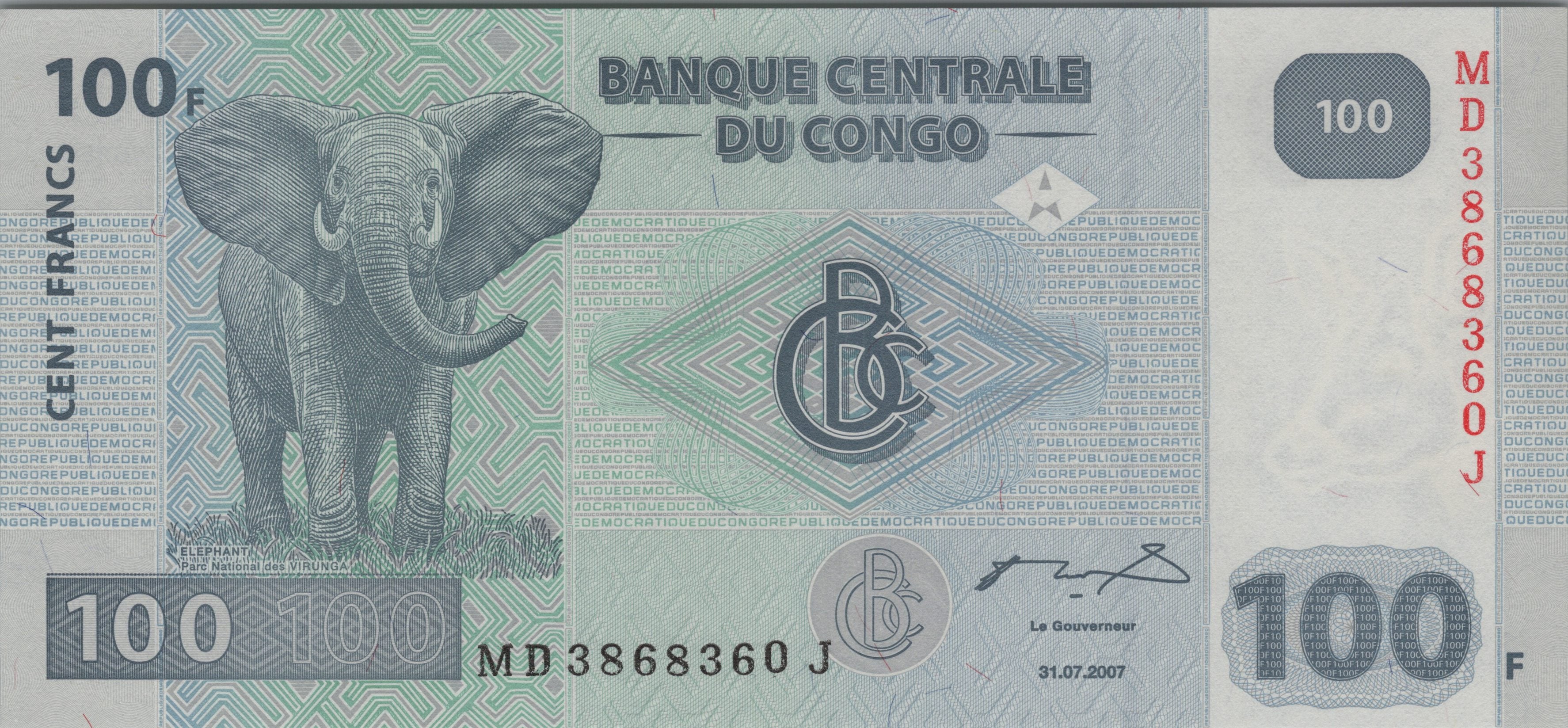 Congo 100 Francs Banknote; P- 98a; UNCIRCULATED; 2007; features an ELEPHANT